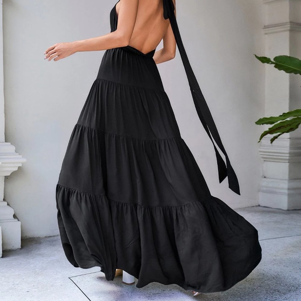 Tie Backless Ruffle Hem Halter Dress - Black - Picture 5 of 5